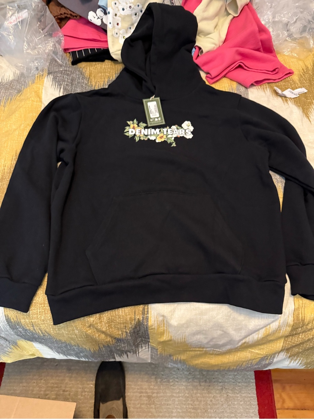 Denim Tears Men’s Black Floral Logo Hoodie Sweater Size XL